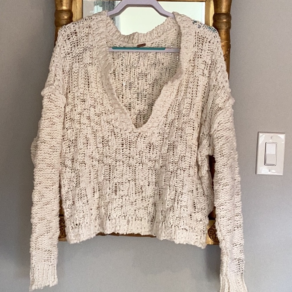 Free People long sleeved open chunky knit v neck sweater, cream